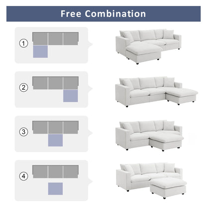 Harper & Bright Designs Modern Sectional Sofa 3 Seat Couch with Ottoman, Upholstered L Shaped Cloud Couch for Small Space Apartment Office, White