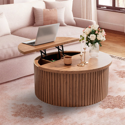 Oubayajia Round Coffee Table with Storage, Wood Lift Top Coffee Table, Waveform Panel, Natural