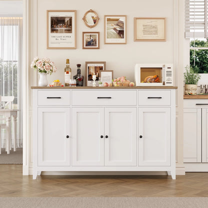Hiphuta 55"Wide Buffet Cabinet with 2 Adjustable Shelves, Modern Farmhouse Coffee Bar with 3 Drawers and Sturdy Base for Living Room, White