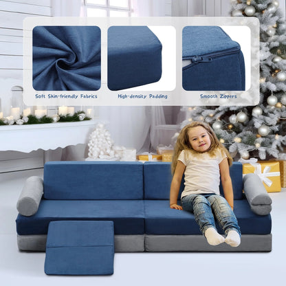 Ainfox Kids Couch, 10PCS Modular Fold Out Play Couch Sofa for Toddler Playroom & Bedroom, Soft Foam Kids Explorer Furniture Play Set with Washable Covers