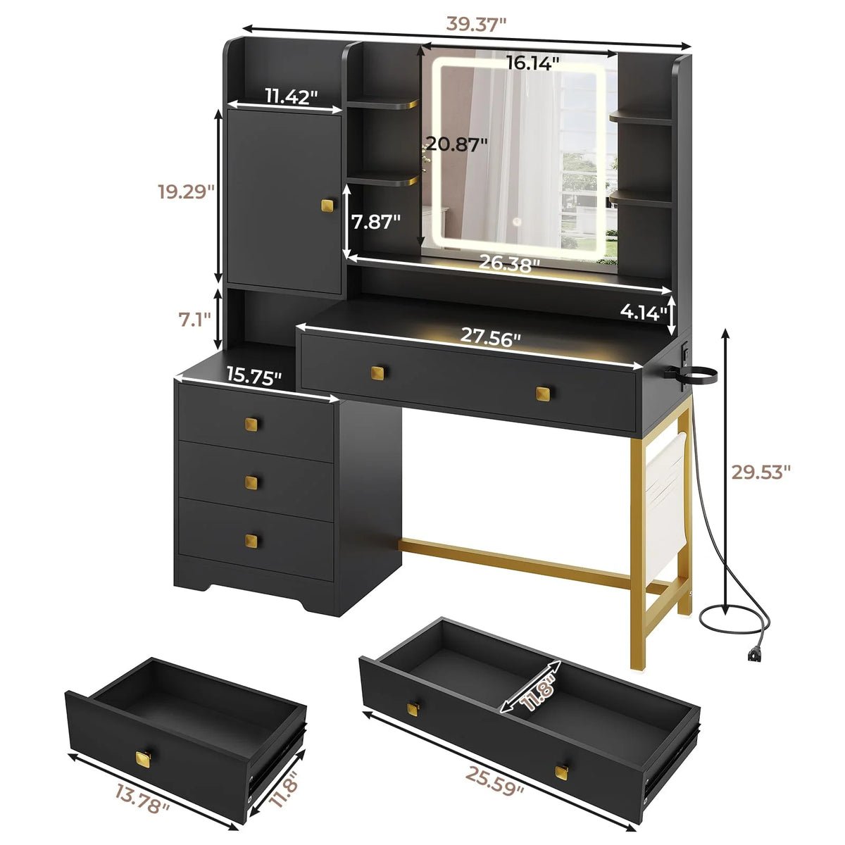 Makeup Vanity Desk with Lighted Mirror & Charging Stations & 6 Drawers Large Vanity Table Bedroom Dressing Table with Glass Tabletop&Side Cabinet&Glass Tabletop, Black
