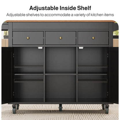 Noelse Rolling Kitchen Island with Drop Leaf Table and Hidden Trash Cabinet, Mobile Kitchen Cart with Storage Drawer, Adjustable Shelves & Rubberwood Countertop on Wheels, White