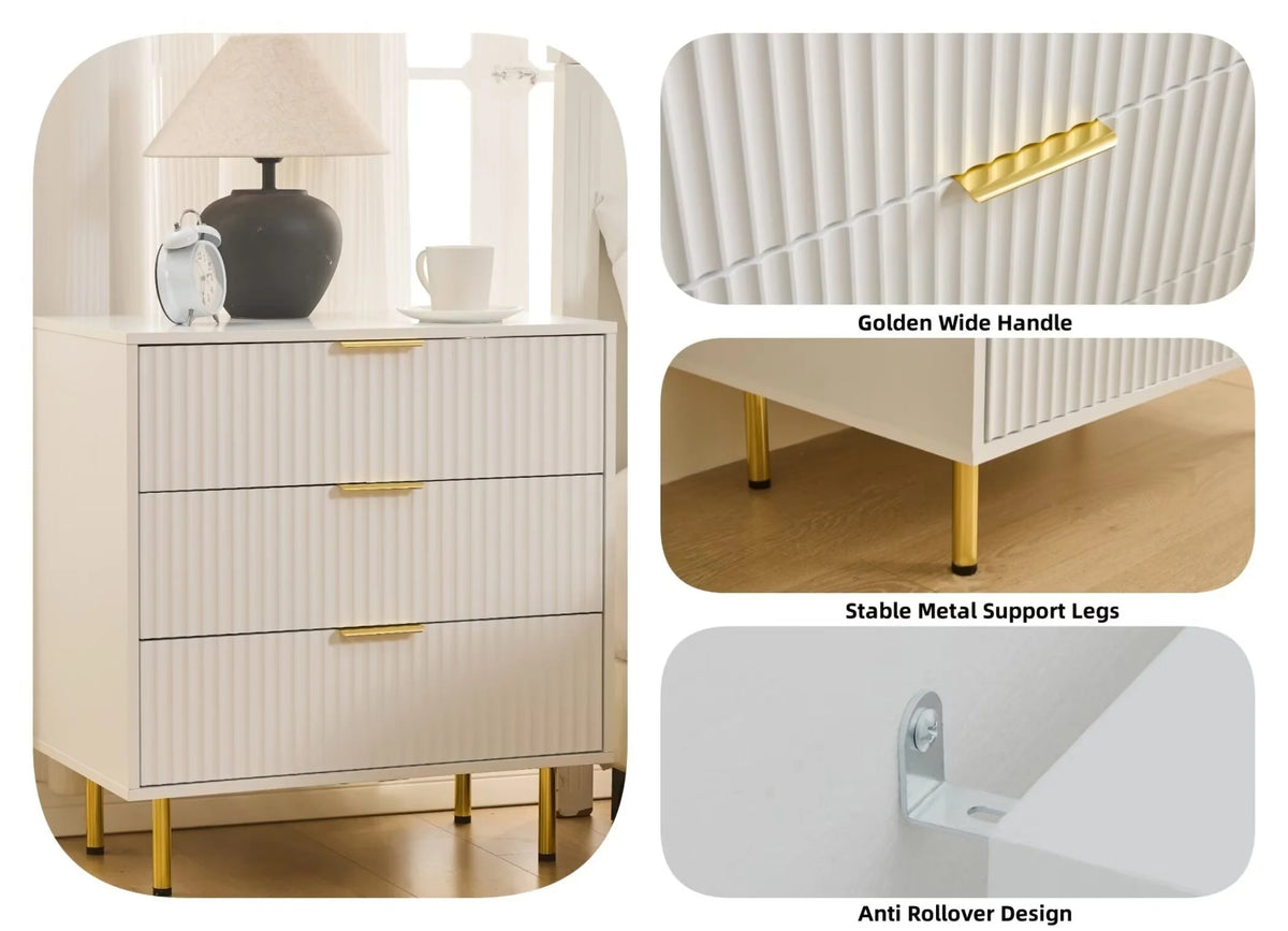 HRYJ White Large 3 Drawers Nightstand Dresser Fluted Wood Night Stand Bedside Table for Bedroom