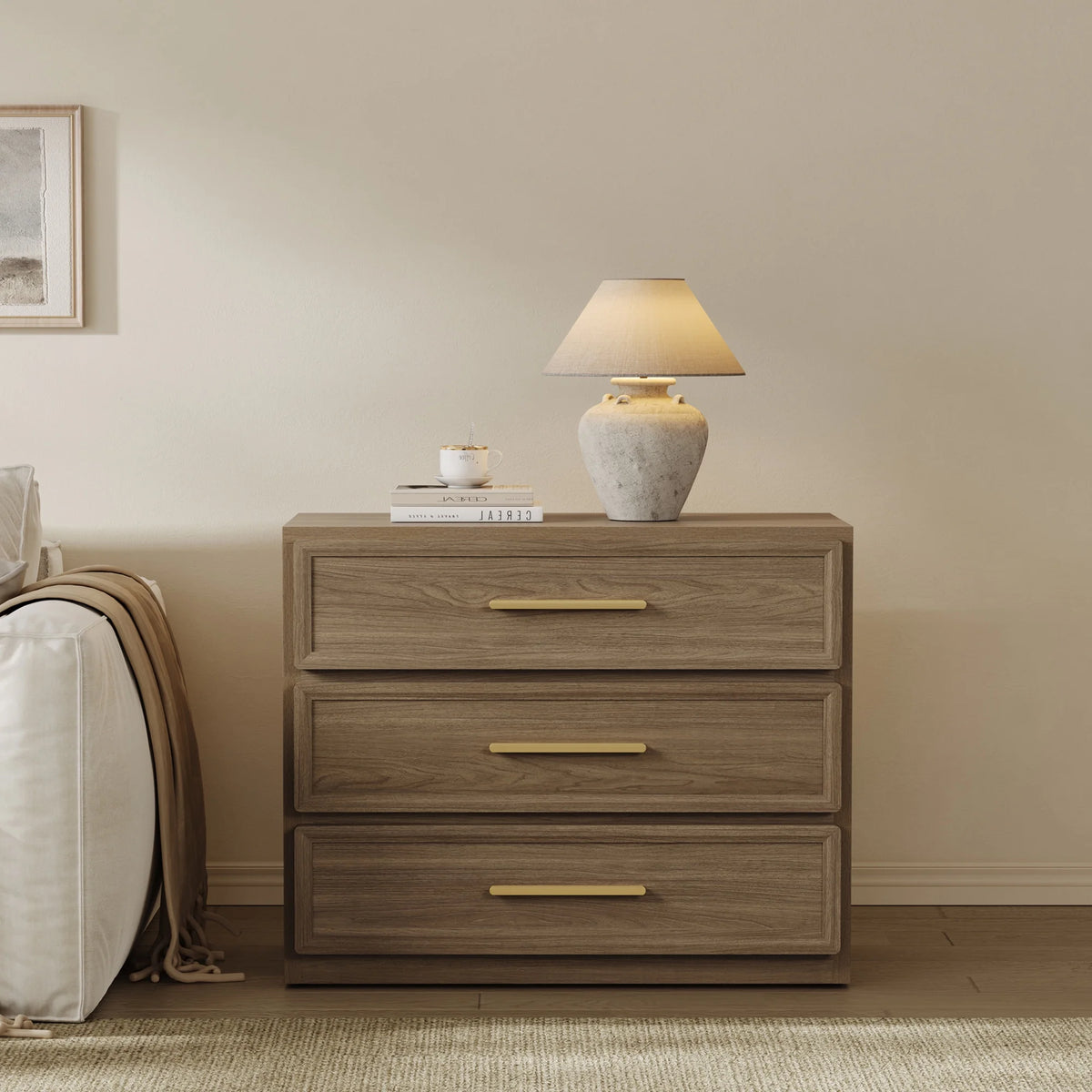 SICOTAS 31.3" W 3-Drawer Nightstand Set of 2 with Oversized Large Storage , Modern Night Stands Bedside Table with Adjustable Feet & Gold Handles for Bedroom Living Room Entryway, Light Oak