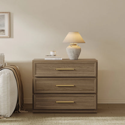 SICOTAS 31.3" W 3-Drawer Nightstand Set of 2 with Oversized Large Storage , Modern Night Stands Bedside Table with Adjustable Feet & Gold Handles for Bedroom Living Room Entryway, Light Oak