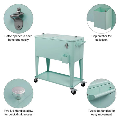 BNSPLY 80 Quart Outdoor Cooler Cart Rolling Ice Chest Cooler Cart, Portable Patio Cooler with Bottle Opener, Handles and Drainage, Standing Cooler for Patio Party, Camping and BBQ, Mint Green