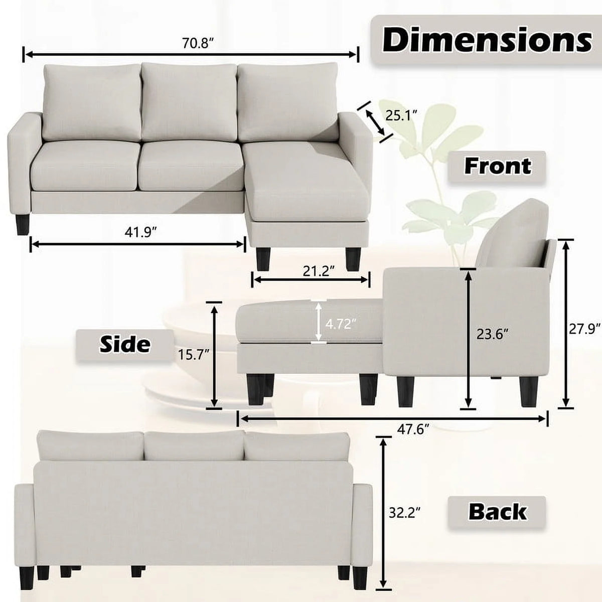 Homall Convertible Sectional Sofa Couch, Modern Linen Fabric L-Shaped Couch 3-Seat Sofa Sectional with Reversible Chaise for Small Living Room, Apartment and Small Space, Dark Gray