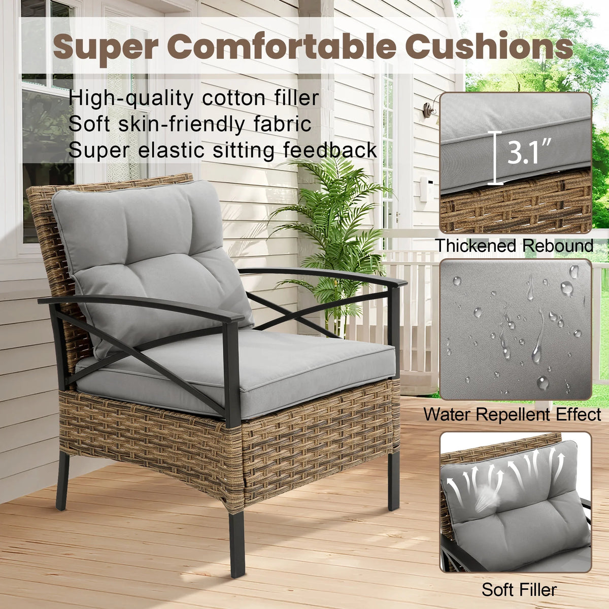 Heavy-duty Patio Furniture Set, 4 Piece Outdoor Sectional Conversation Sets, BrownPE Rattan Patio Sofa Set with Blue Cushions