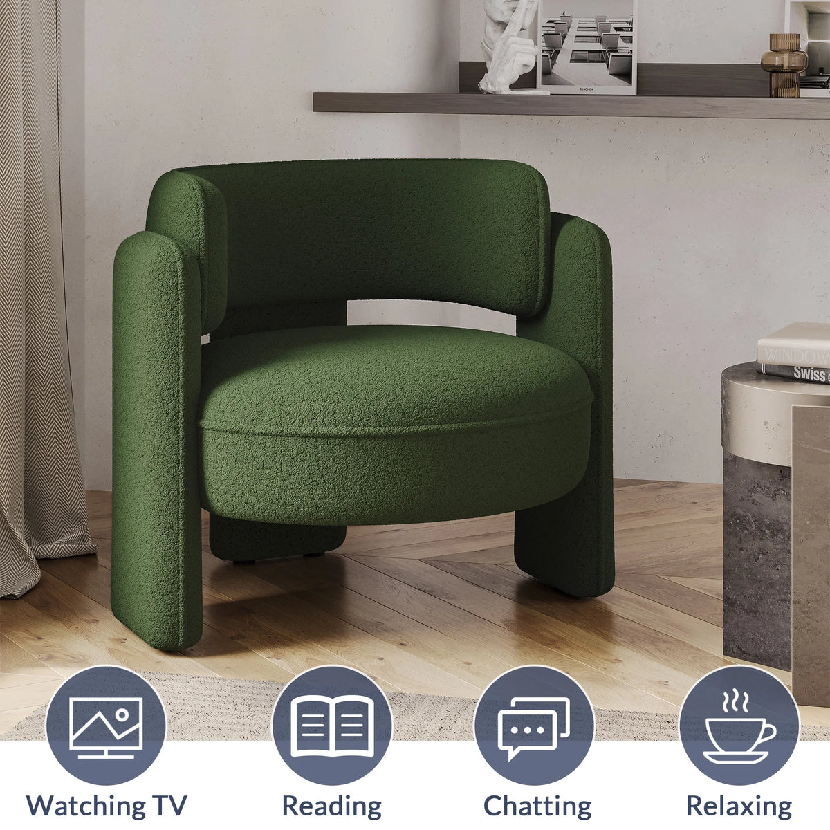 BELLEZE Sherpa Boucle Chair, Modern Barrel Accent Chair Comfy Round Upholstered Armchair Accent Side Chair for Living Room, Bedrooms, Corner - Quinton��White��
