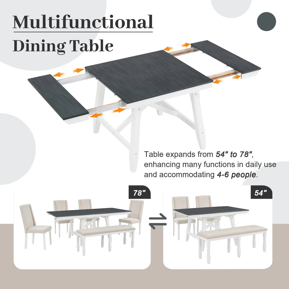 6 Piece Extendable Dining Table Set, Atumon Wood Dining Room Set for 6, Dining Table Set with 4 Beige Cushioned Chairs and Bench, Farmhouse Dining Table Set Furniture for Kitchen Dining Room, Natural