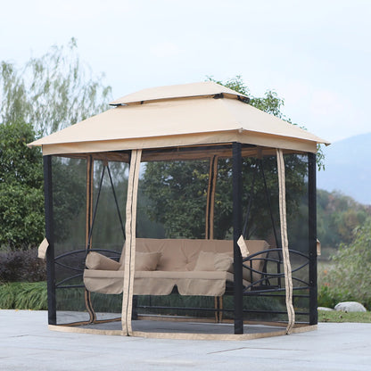 Outsunny 3 Person Patio Swing Chair, Gazebo Swing with Double Tier Canopy, Cushioned Seat, Mesh Sidewalls, gray