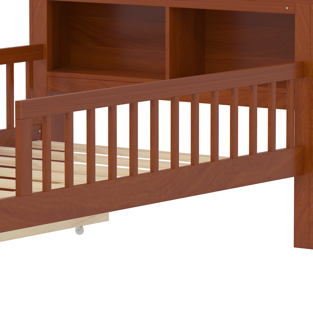 Euroco Wood Twin Size Platform Bed with Storage Headboard and Drawers, Low Profile Bed with Guardrails for Kids and Toddlers, White