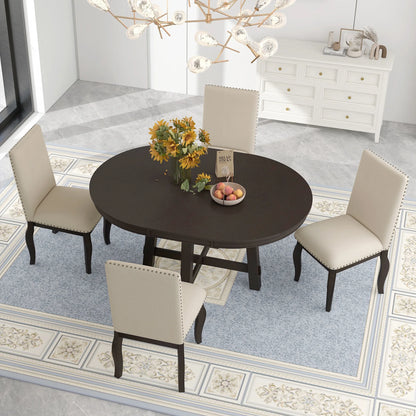 Harper & Bright Designs Round Extendable Dining Table Set for 4, 5 Piece Farmhouse Wood Dining Table Set with 4 Upholstered Dining Chairs, Natural Wood Wash