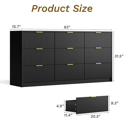 Furniway Fluted Large 9-Drawer Black Dresser