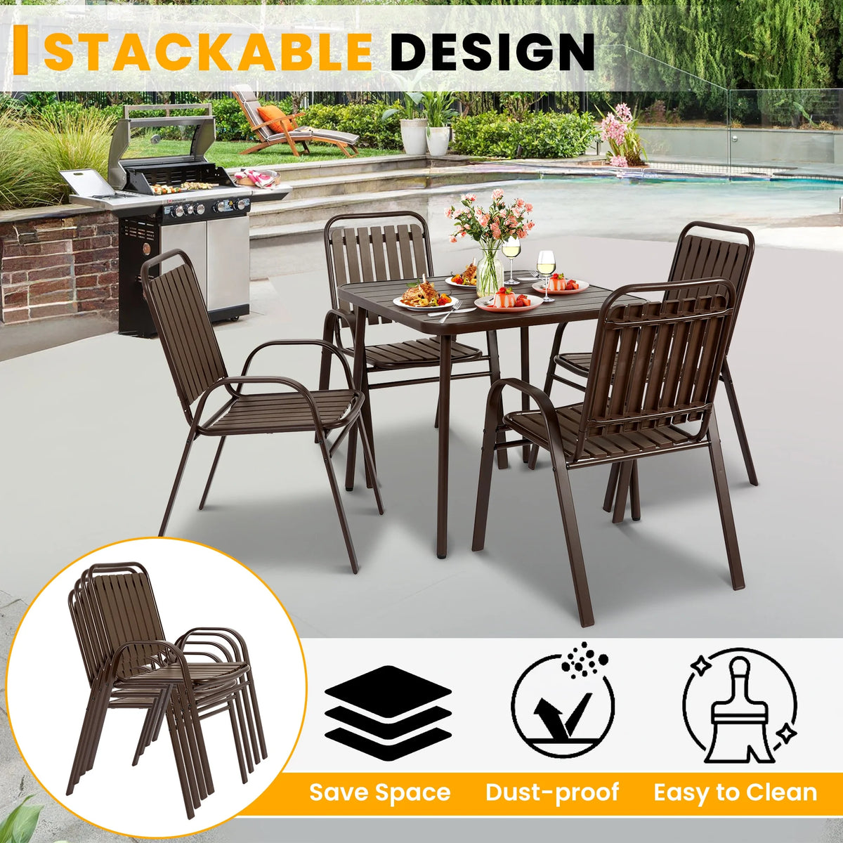 Seizeen 7-Piece Outdoor Table and Chairs, Patio Table Set with 6 Rattan Chairs, All-weather Outdoor Patio Dining Sets Rectangular Metal Table with Acacia Wood Top, Umbrella Hole, Gray