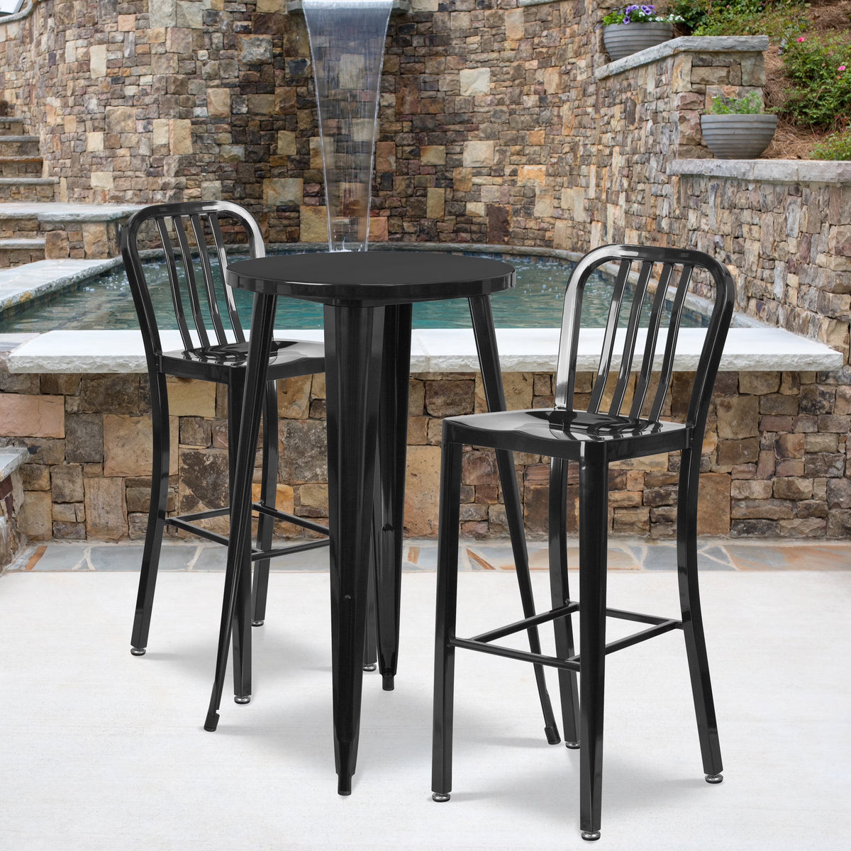 Flash Furniture Earl Commercial Grade 24" Round Silver Metal Indoor-Outdoor Bar Table Set with 2 Vertical Slat Back Stools