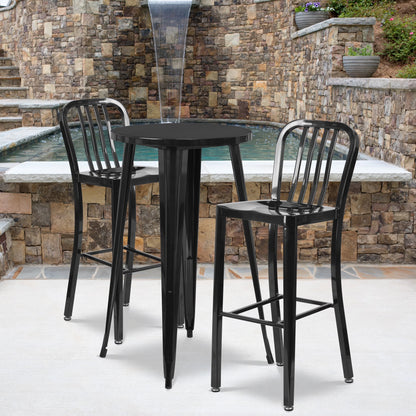 Flash Furniture Earl Commercial Grade 24" Round Silver Metal Indoor-Outdoor Bar Table Set with 2 Vertical Slat Back Stools