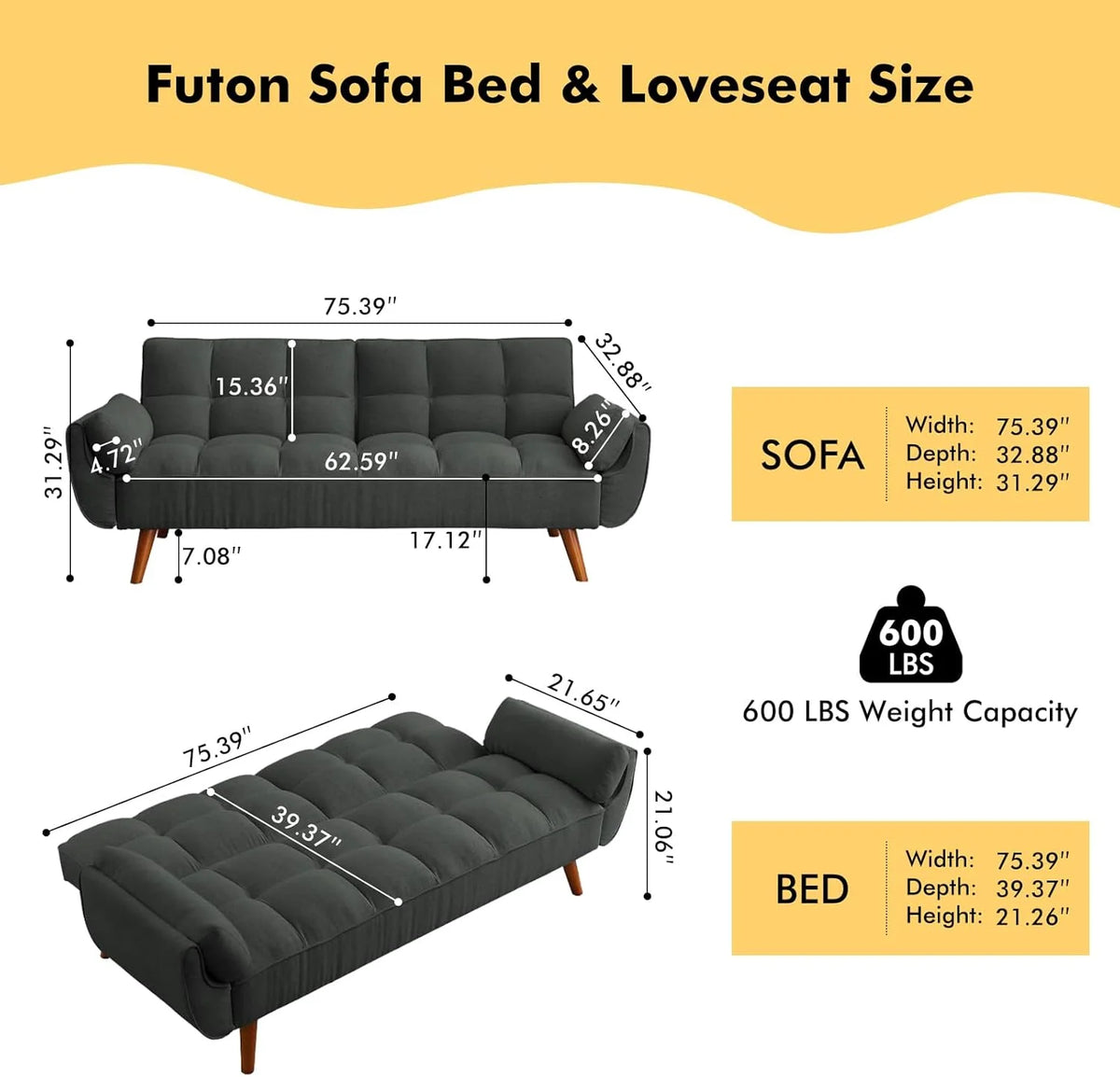 Mydepot Convertible Futon Sofa Bed, Adjustable Couch Sleeper Modern Fabric Recliner Reversible Loveseat Folding Daybed Guest Bed, Armrests, Yellow