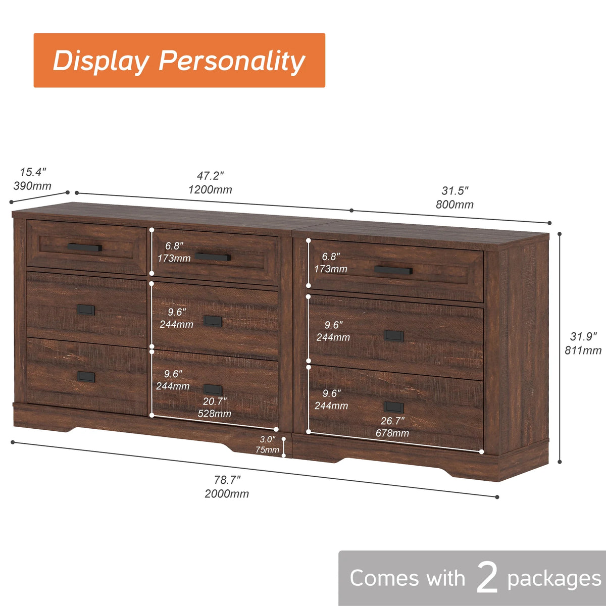 WAMPAT 2 in 1 Dresser with 9 Drawers for Bedroom, Wooden Dressers with Wide Chest of Drawers,Modern Farmhouse Dresser TV Stand with Metal Handles for Living Room, Hallway,Vintage Oak