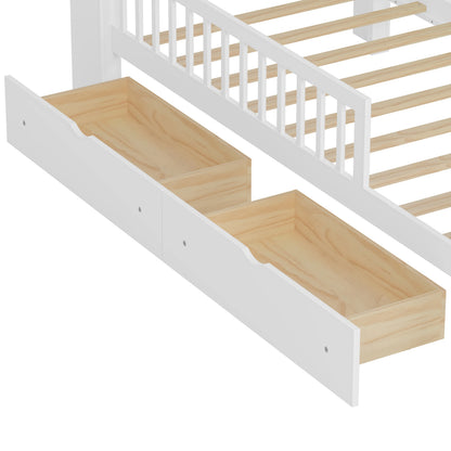 Euroco Wood Twin Size Platform Bed with Storage Headboard and Drawers, Low Profile Bed with Guardrails for Kids and Toddlers, White
