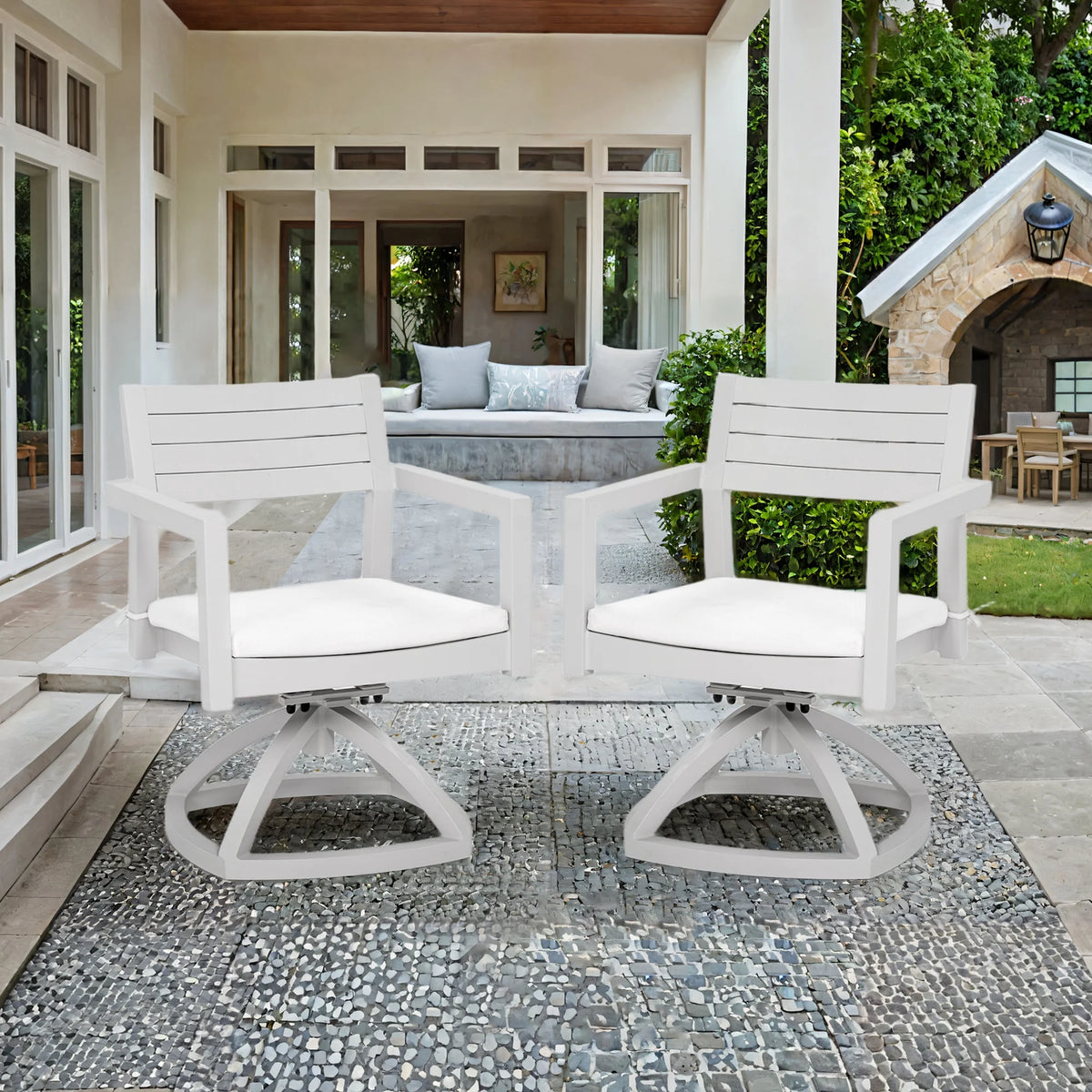 Outdoor Patio K/D Aluminum Stationary Dining Chairs 2PCS with Outdoor-grade Sunbrella Fabric Cushions, Branch-Like Backrest ,FSC-Certified Wood Armrests, Bourbon Brown