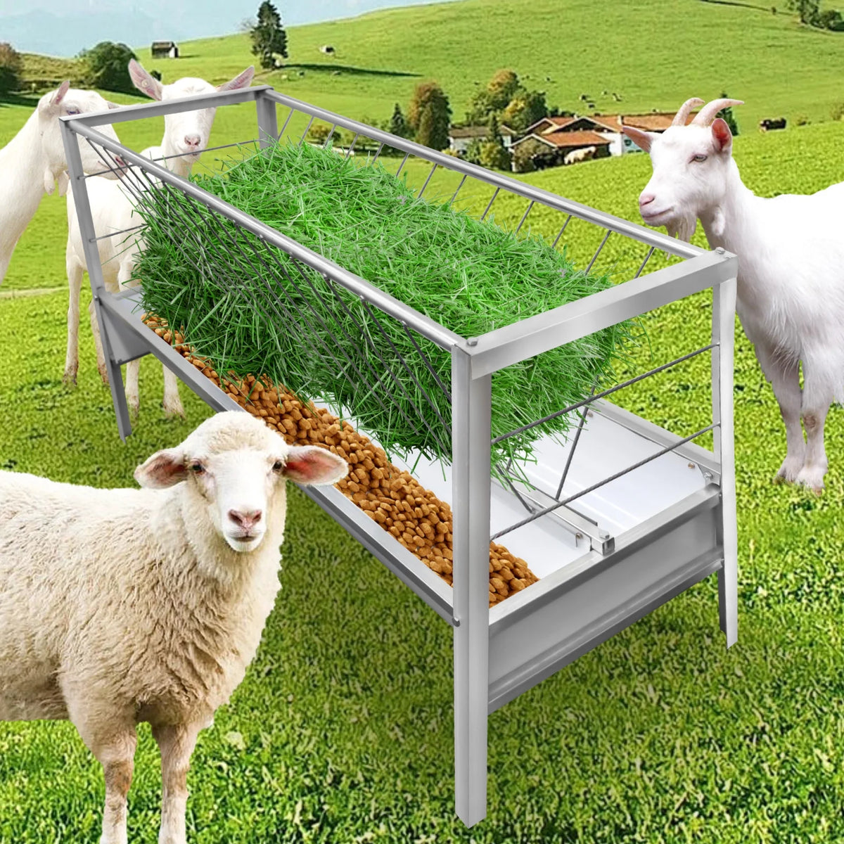 Stainless Steel Livestock Feed Stand, 2-in-1 Hay Water Trough, Heavy-Duty Joints, Ranch Durability