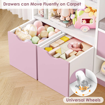 Hiphuta 72"Wide Kids Bookcase with Reading Nook and Under Bench Storage, Wooden Toy Storage Organizer & Book Rack for Kids Room, White