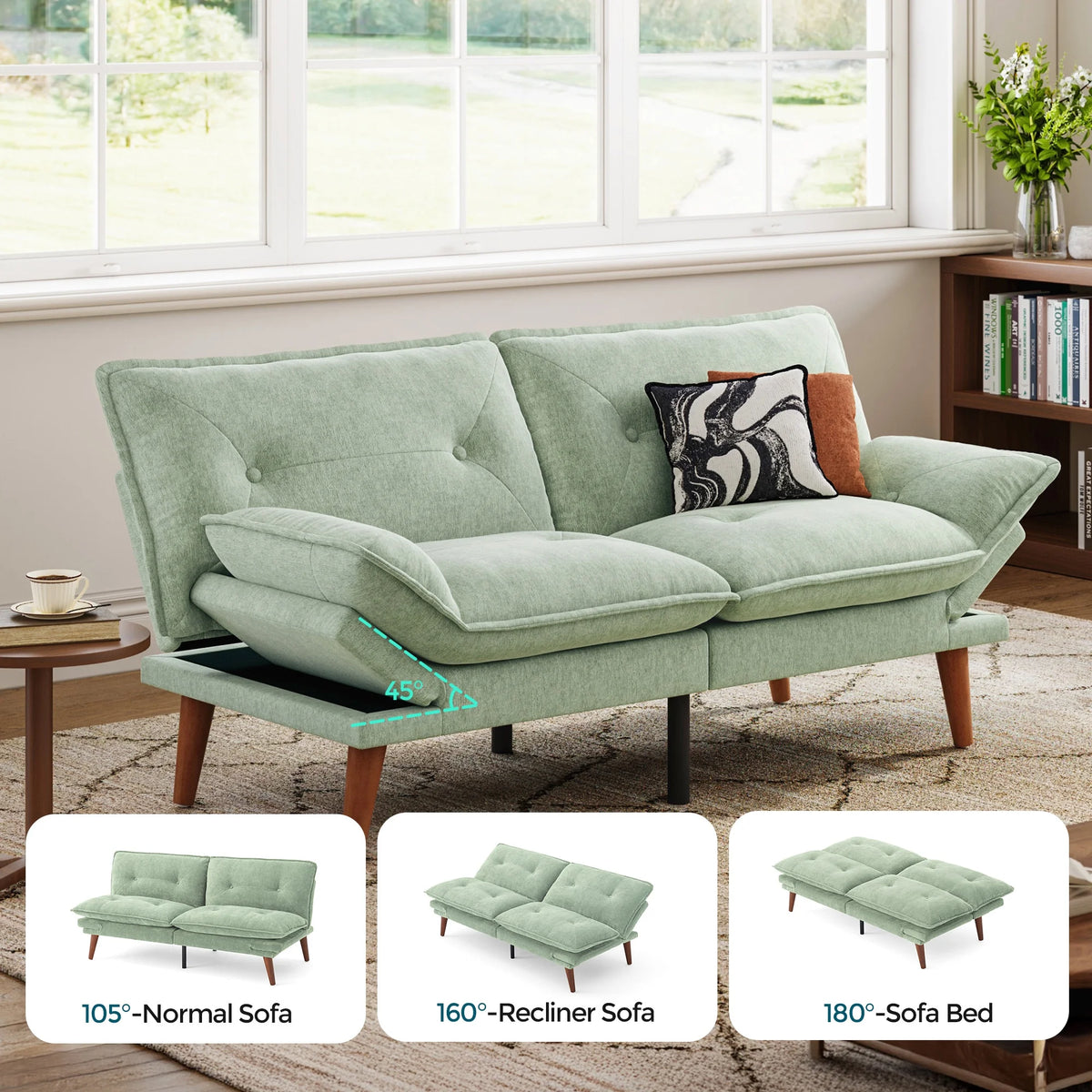 Linsy Home 70" W Chenille Convertible Futon Sofa Bed with Adjustable Armrests, Green