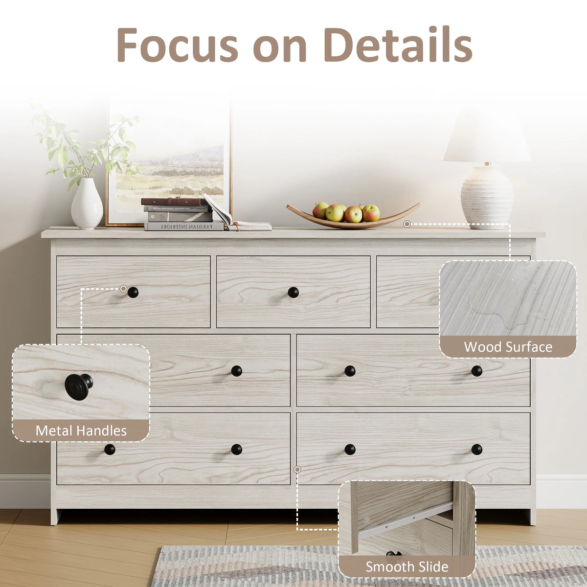 YouTrend 7 Drawer Dresser,White Dresser for Bedroom Drawer Organizer Storage Drawers,Wood Adult Storage Cabinet Living Room Hallway