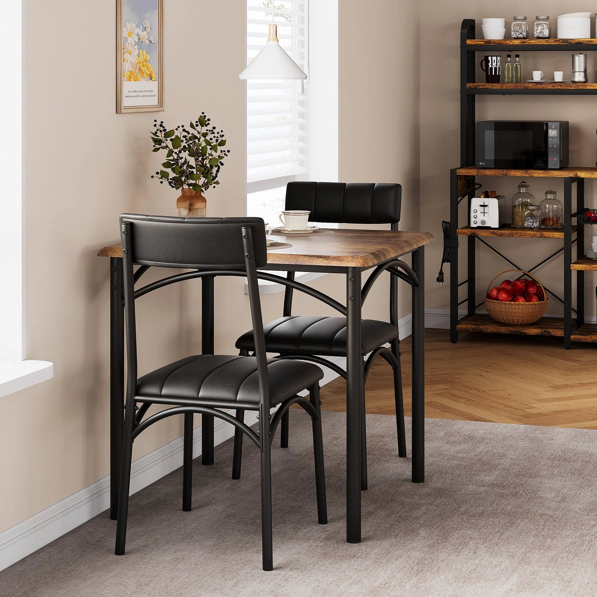 Yesfashion 3 Piece Dining Table Set, Kitchen Table and Chairs for 2, Metal and Wood Square Dining Room Table Set with 2 Upholstered Chairs