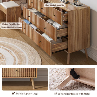 Oubayajia 7 Drawer Double Dresser, Fluted Chest of Drawers, Wood Storage Cabinet for Bedroom, Living Room, Hallway, Walnut