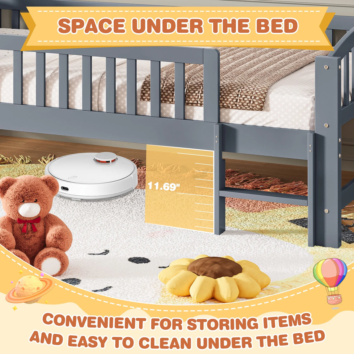 SESSLIFE Twin Size Platform Bed, Solid Wood Twin Bed Frame with Slats, Fence Guardrail Ladder, Twin Floor Bed with Strong Legs for Boys Girls, No Box Spring Needed, Holds 400 lbs, White
