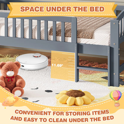 SESSLIFE Twin Size Platform Bed, Solid Wood Twin Bed Frame with Slats, Fence Guardrail Ladder, Twin Floor Bed with Strong Legs for Boys Girls, No Box Spring Needed, Holds 400 lbs, White