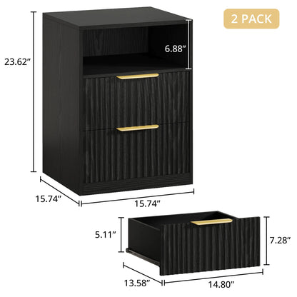 LIKIMIO Nightstand Set of 2, Fluted Bedside Table with Drawer Storage, Modern End Table Bedside Stand for Bedroom Living Room Office, Black