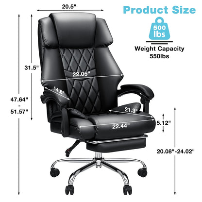Hoffree Executive Office Chair Big and Tall Office Chair with Footrest Reclining Leather Chair High Back Ergonomic Computer Desk Chair with Lumbar Back Support for Home Office 500lbs, Black