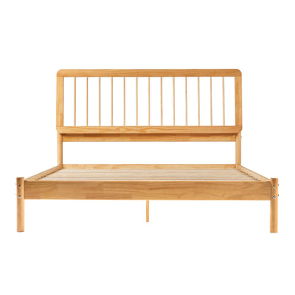 Walker Edison Mid-Century Modern Slatted Solid Wood Queen Bedframe, Natural Pine