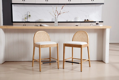 Guyou Modern Bar Stools Set of 2, 26" Counter Height Bar Stools with Natural Rattan Back and Solid Wood Frame, Sherpa Upholstered Kitchen Island Chairs for Bar Island Cafe Kitchen, Black