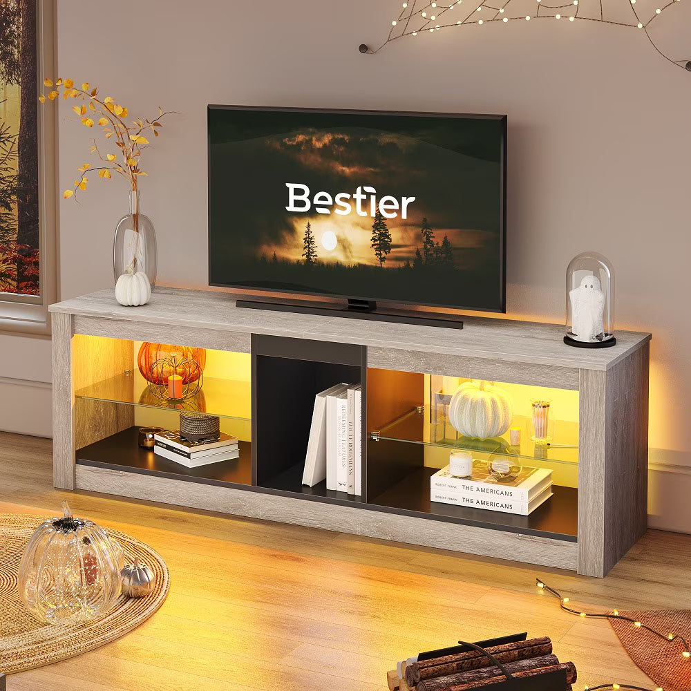 Bestier Entertainment Center with LED Lights TV Stand Media Console Table for TVs up to 60" in Light Grey