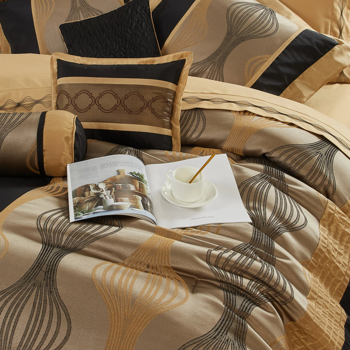 Lanco Elegant Black and Gold Comforter Set,Striped, 7 Pieces Jacquard Bedding Sets with Comforter for All Season, Bed Skirt, Pillows & Shams, Queen Size, Lightweight Microfiber