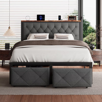 iPormis Full Bed Frame with 2 Drawers, Metal Platform Bed with Charging Station and Linen Fabric Storage Headboard Strong Metal Slats Black,Gray