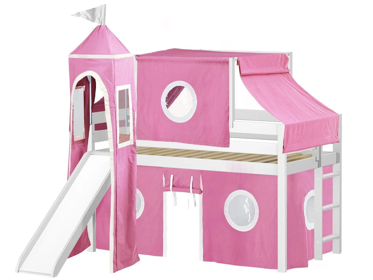 JACKPOT! Castle Low Loft Bed with Slide, Red Yellow and Blue Tent and Tower, Twin, Cherry