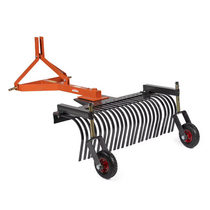 Titan Attachments 3 Point 5 FT Landscape Rake with Bolt-On Wheels for Compact Tractors, Fits Category 1 Hookup, Tow-Behind Garden Tool, Landscaper, and Grass Comb