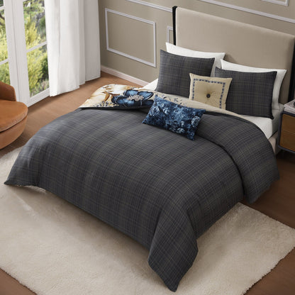 Bebejan English Manor 5 Piece Comforter Set, Queen, Blue, 220 Thread Count, 100% Cotton Sateen, Reversible