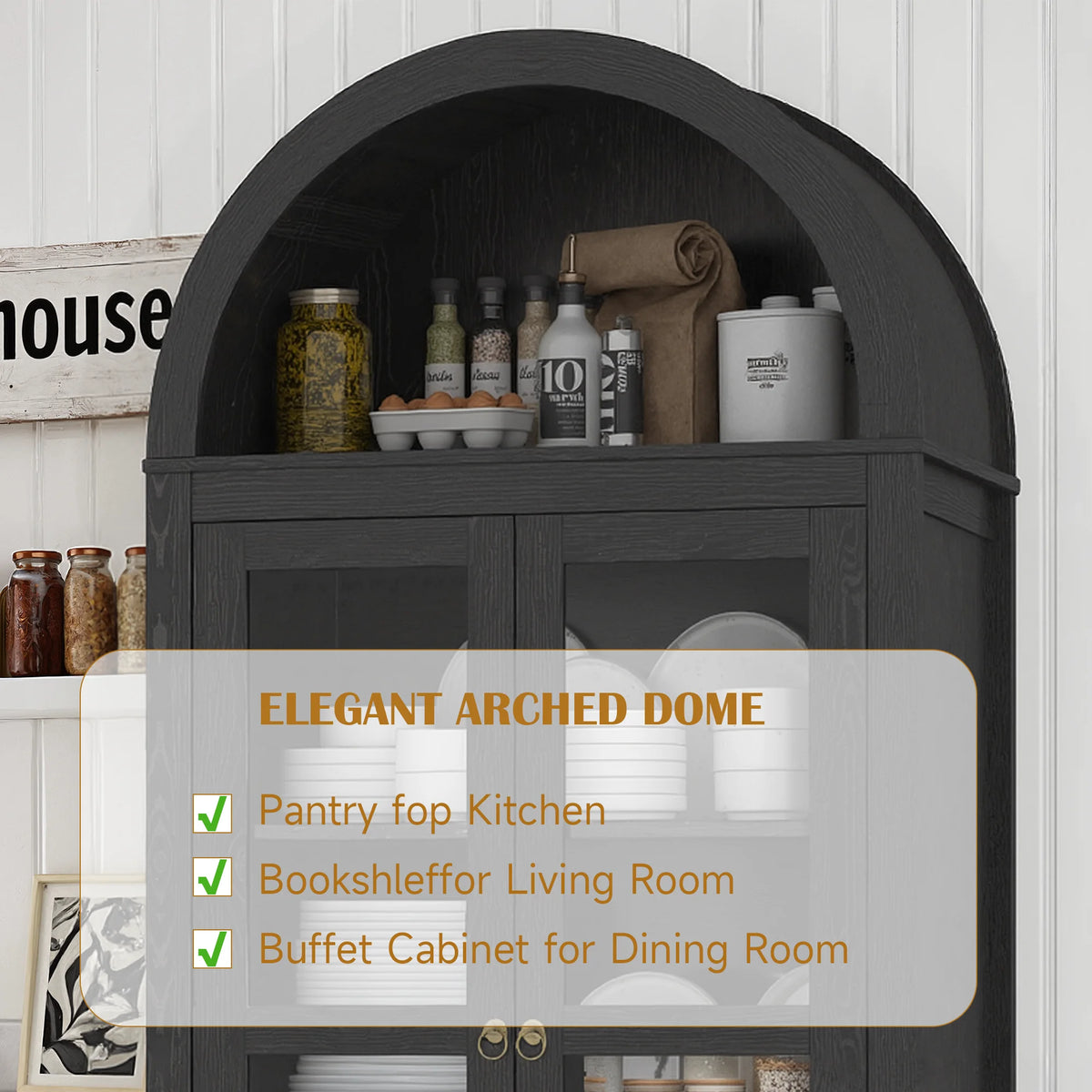 LAZZO 73-Inch Tall Arched Kitchen Pantry Storage Cabinet, 2 Doors, Brown