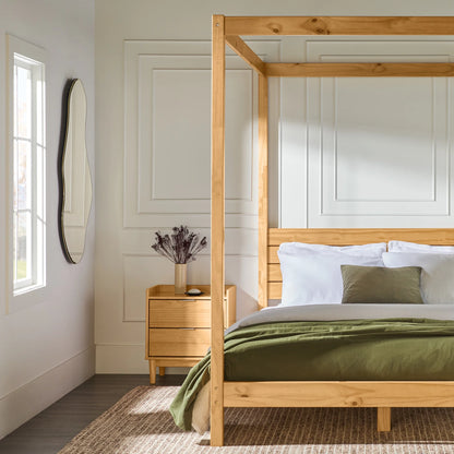 Walker Edison Minimalist Slatted Wood Queen Canopy Bedframe, Natural Pine