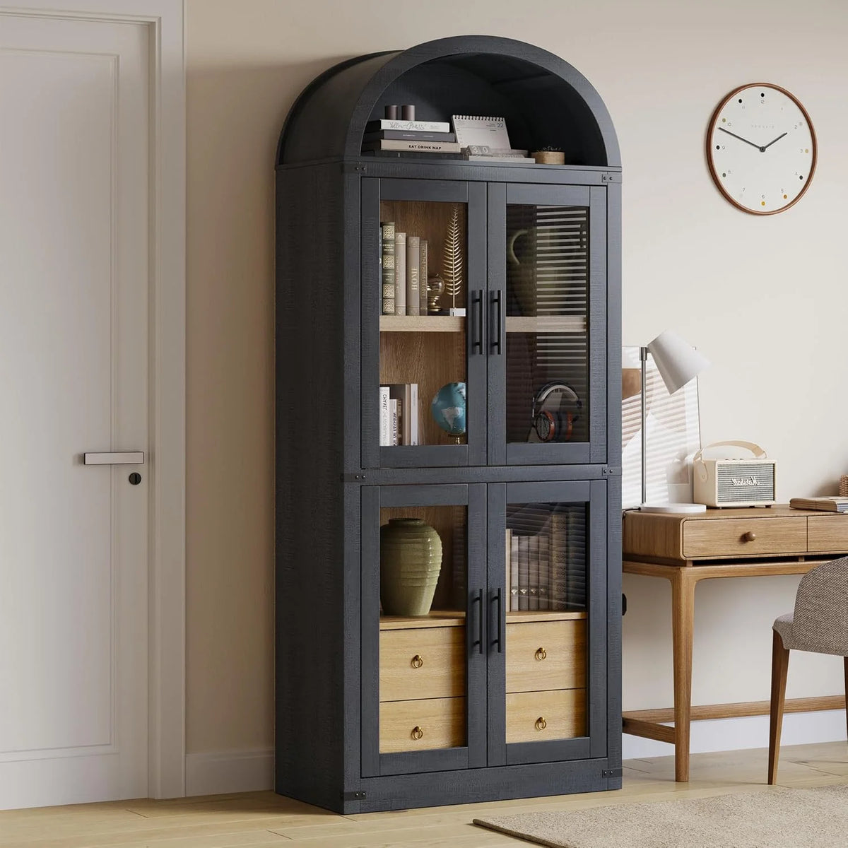 Arched Kitchen Pantry Storage Cabinet with 2 Drawers, 71-Inch Tall Farmhouse Wood Bookcase with 4 Doors for Kitchen Dining Room Bathroom