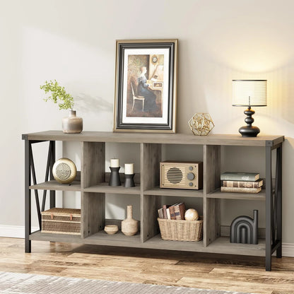 WALYWIK 8 Cube Storage Organizer Bookshelf, 3 Tier Metal Horizontal Bookcase, 62 Inch Console Bookshelfs, Industrial Storage Bookcase for Entryway, Long Low Book Shelf for Living Room-Grey