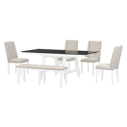 6 Piece Extendable Dining Table Set, Atumon Wood Dining Room Set for 6, Dining Table Set with 4 Beige Cushioned Chairs and Bench, Farmhouse Dining Table Set Furniture for Kitchen Dining Room, Natural