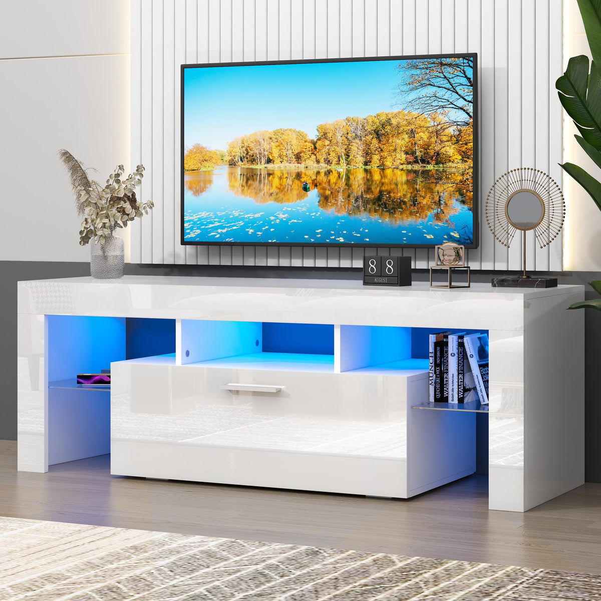 UHOMEPRO TV Stand for TV up to 70", Living Room Entertainment Center with RGB LED Lights and Storage Shelves Furniture, White High Gloss TV Cabinet Console Table
