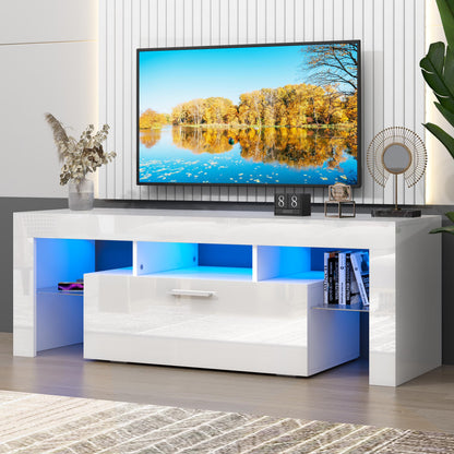 UHOMEPRO TV Stand for TV up to 70", Living Room Entertainment Center with RGB LED Lights and Storage Shelves Furniture, White High Gloss TV Cabinet Console Table